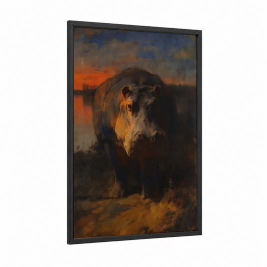 Golden Hour Hippo framed art print — black wood frame — gold and brown palette