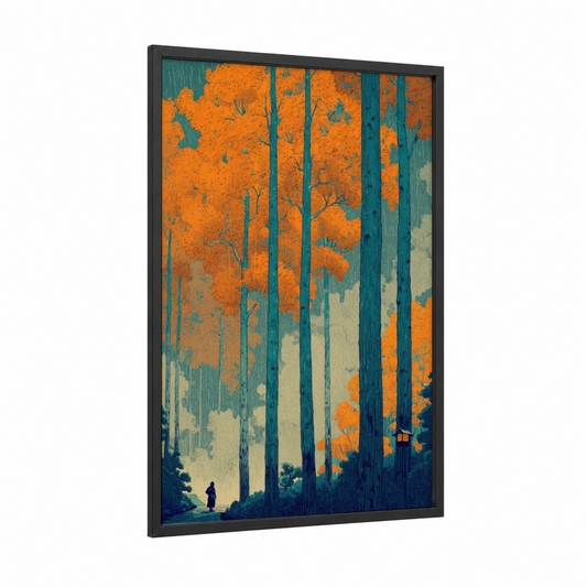 Autumn Forest Solitude framed art print — black wood frame — orange and teal palette