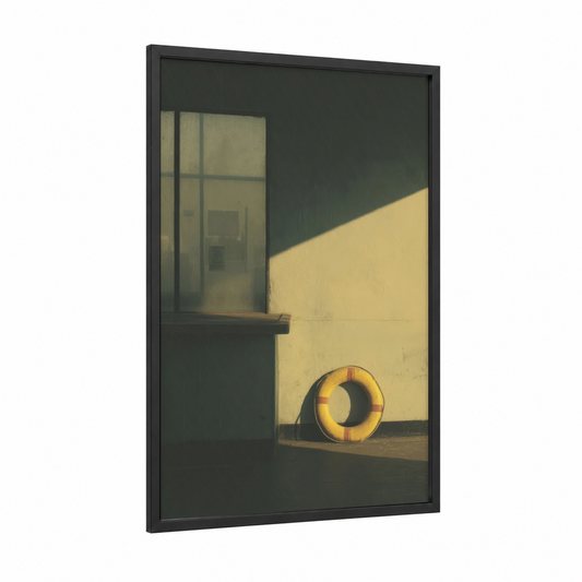 Golden Rescue Ring framed life ring print — black wood frame — yellow gold and gray palette
