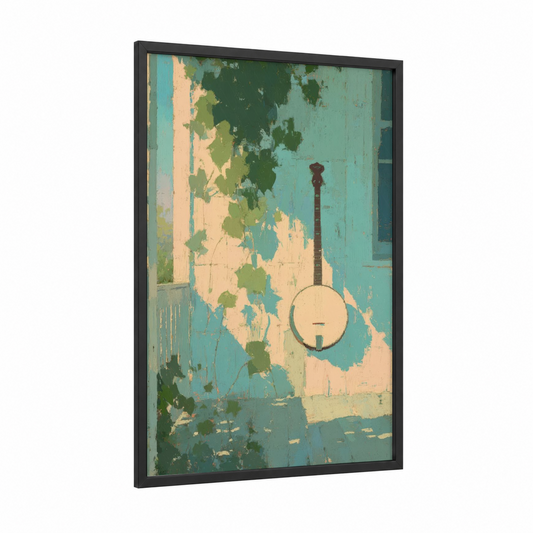 Turquoise Banjo framed art print — black wood frame — teal and gold palette