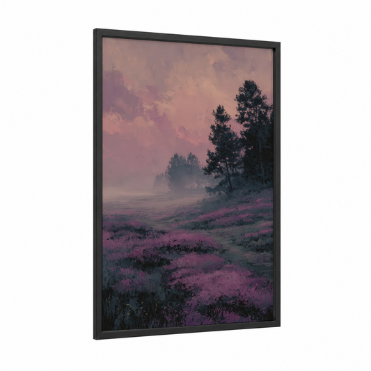 Misty Lavender Dawn framed lavender field print — black wood frame — lavender and cream palette