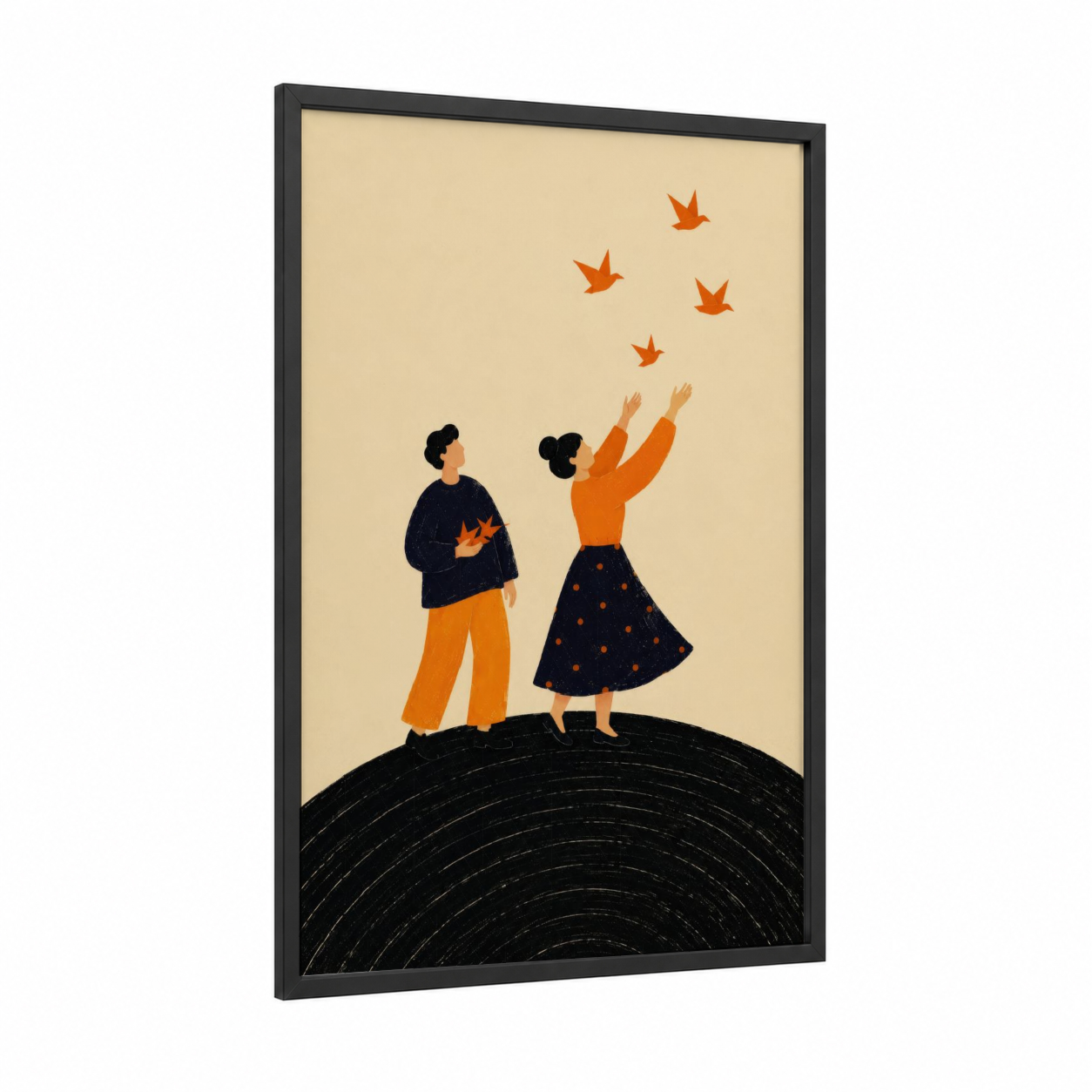 Couple Watching Birds in Flight Wall Art framed art print — black wood frame — orange and beige palette
