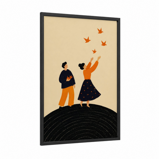 Couple Watching Birds in Flight Wall Art framed art print — black wood frame — orange and beige palette
