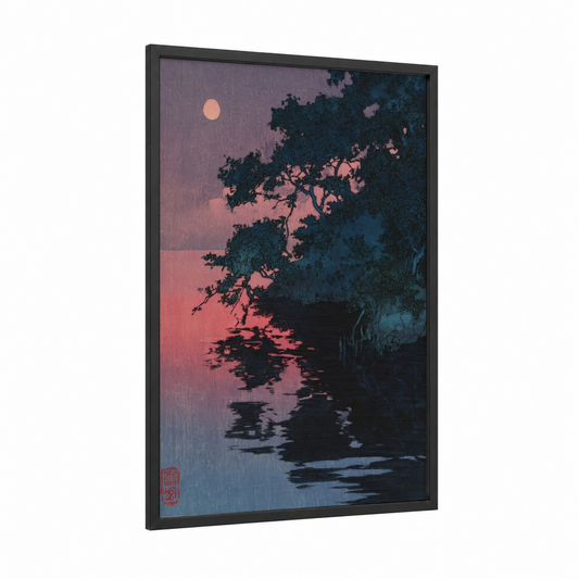Twilight Mangrove framed art print — black wood frame — rose gold and dark blue palette