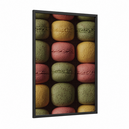 Pastel Macarons framed baking print — black wood frame — light green and peach palette