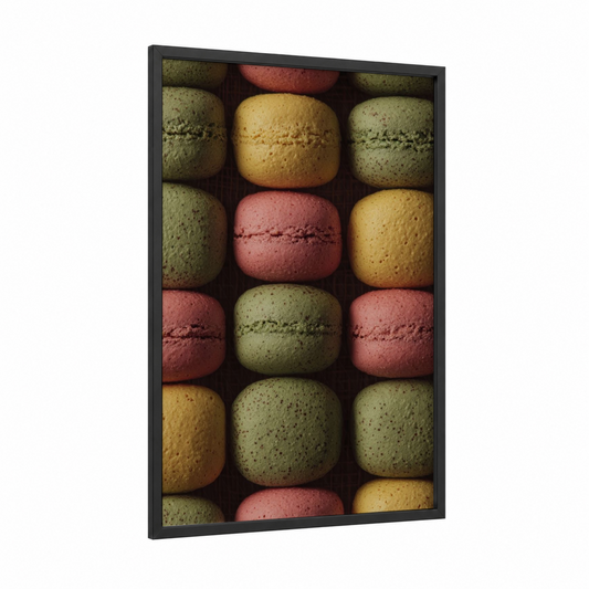 Pastel Macarons framed baking print — black wood frame — light green and peach palette