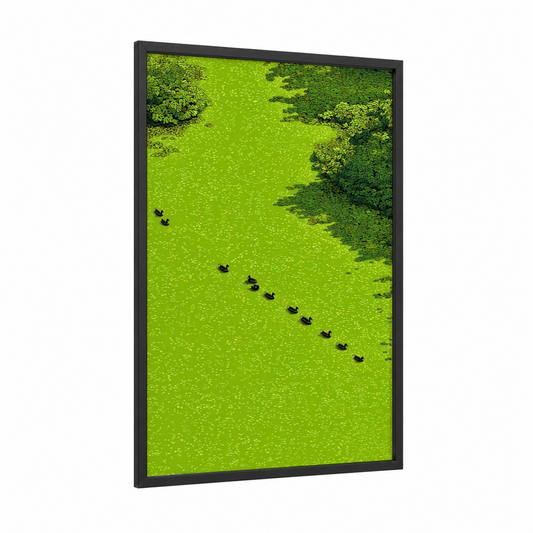 Aerial Duck Flock framed ducks print — black wood frame — lime green and dark green palette