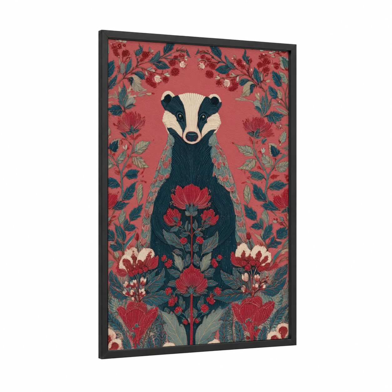 Crimson Badger framed art print — black wood frame — red and dark blue palette