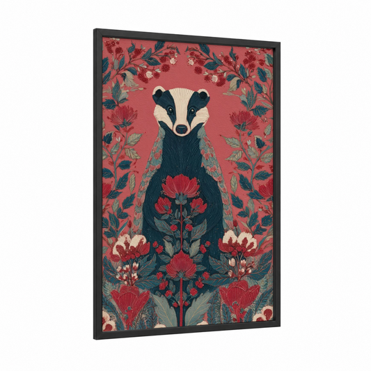 Crimson Badger framed art print — black wood frame — red and dark blue palette