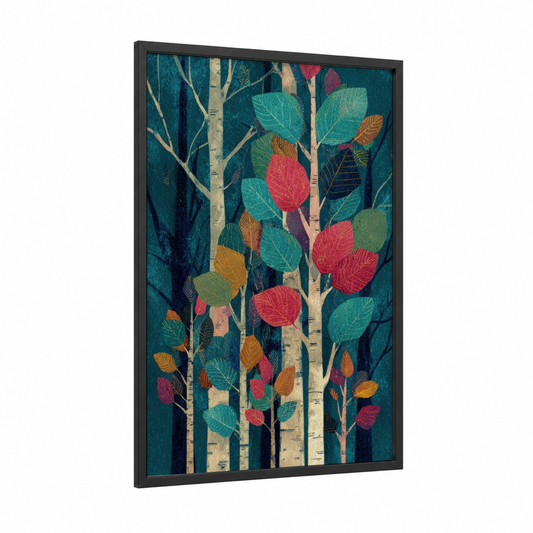 Autumn Birch Forest framed birch tree print — black wood frame — teal and gold palette