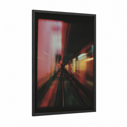 Neon Subway Rush framed art print — black wood frame — red and gold palette