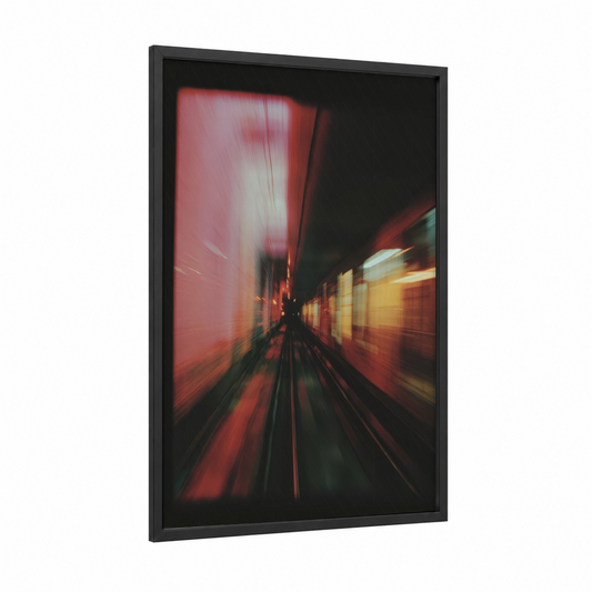 Neon Subway Rush framed art print — black wood frame — red and gold palette