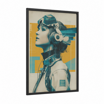 Cyber Musician framed japanese retrofuturism print — black wood frame — mustard and teal palette