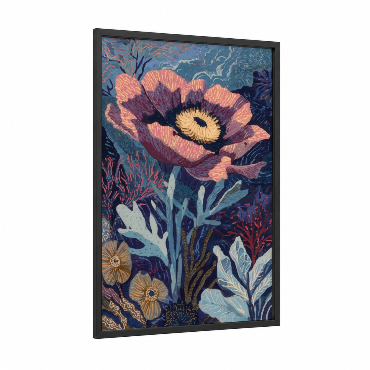 Coral Garden Anemone framed sea anemone print — black wood frame — blue and salmon pink palette