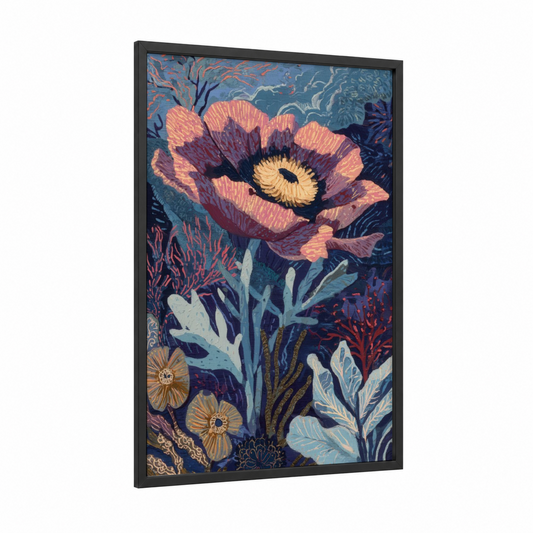 Coral Garden Anemone framed sea anemone print — black wood frame — blue and salmon pink palette