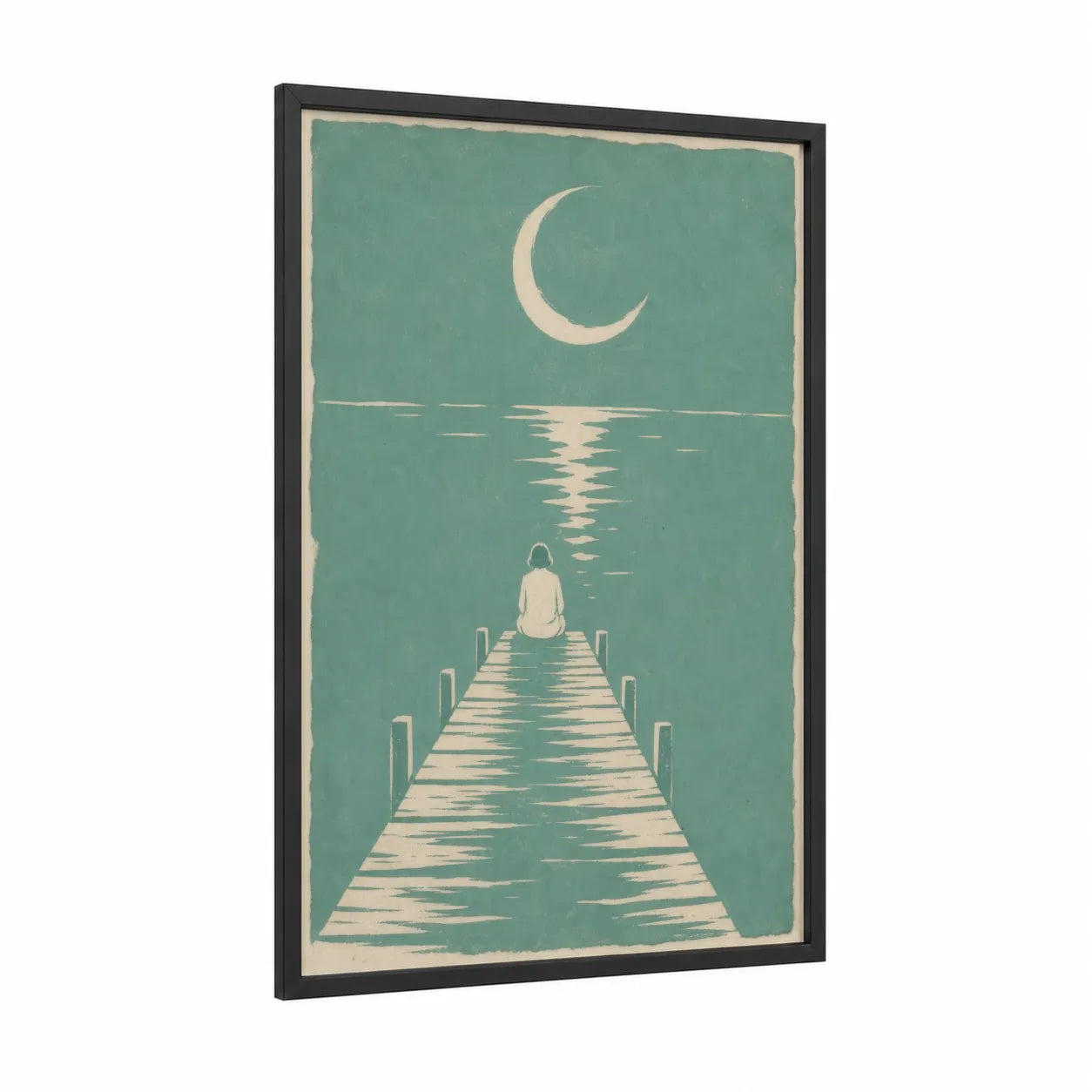 Moonlit Dock Meditation Wall Art framed art print — black wood frame — teal and cream palette