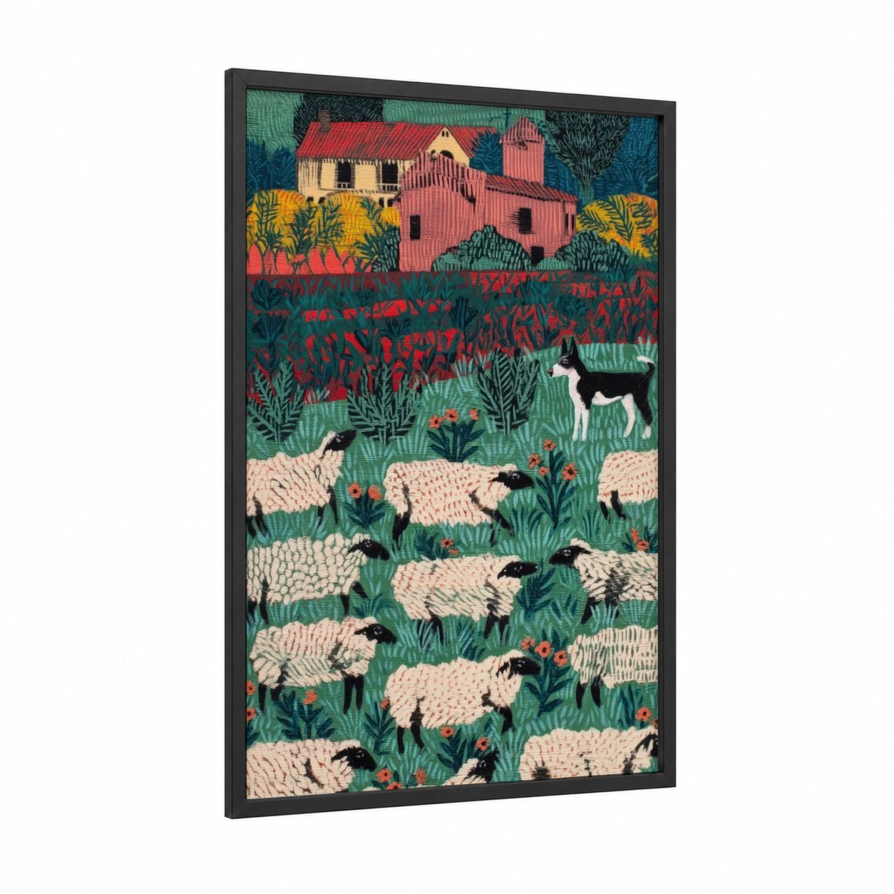 Pastoral Shepherd Dogs framed shepherd dogs and collies print — black wood frame — cream and true green palette