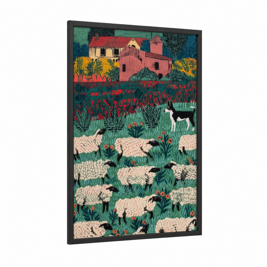 Pastoral Shepherd Dogs framed shepherd dogs and collies print — black wood frame — cream and true green palette