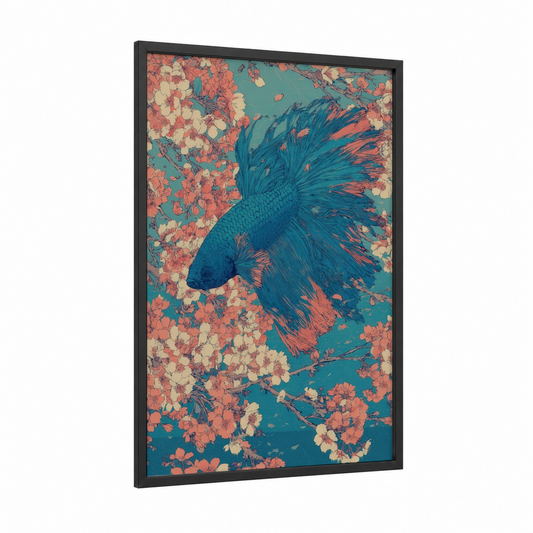 Crimson Betta Dance framed betta fish print — black wood frame — teal and salmon pink palette