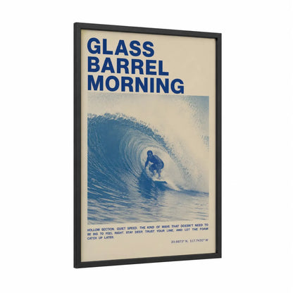 Vintage Surf Barrel Wave Wall Art framed surfing print — black wood frame — blue and beige palette