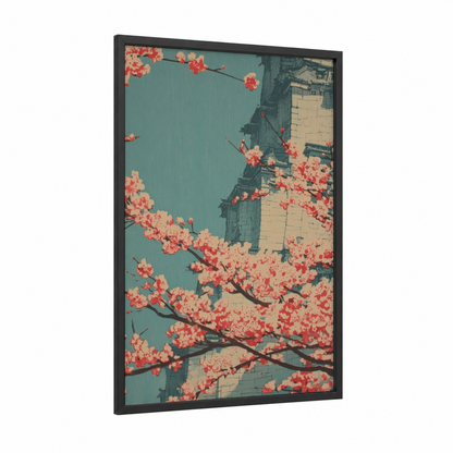 Cherry Blossom Architecture framed masonry print — black wood frame — turquoise and salmon pink palette