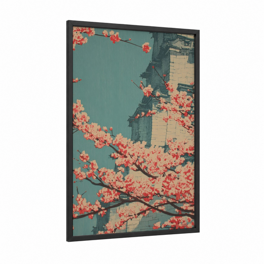Cherry Blossom Architecture framed masonry print — black wood frame — turquoise and salmon pink palette