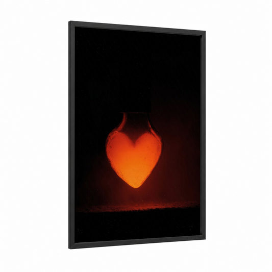 Molten Heart framed glassworking print — black wood frame — orange and black palette