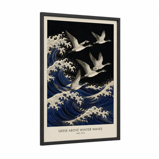 Geese Above Winter Waves Wall Art framed art print — black wood frame — blue and black and white palette