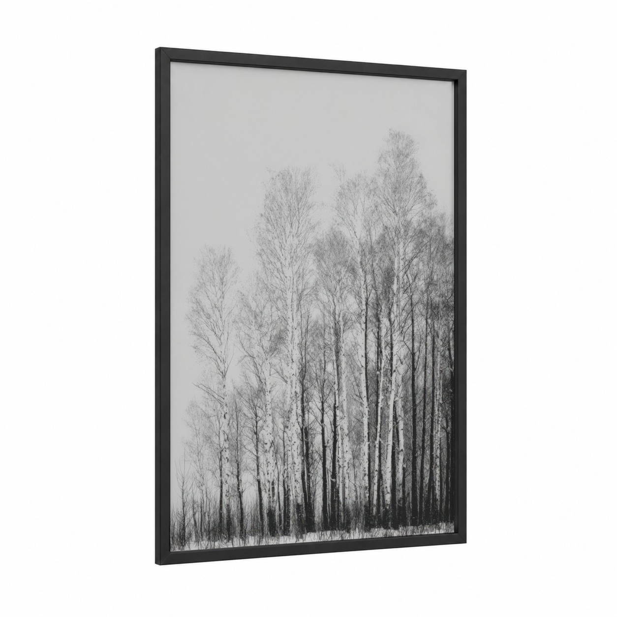 Frosted Birch Forest framed winter print — black wood frame — black and white and gray palette