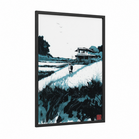 Rural Wanderer framed various landscapes print — black wood frame — teal and black and white palette