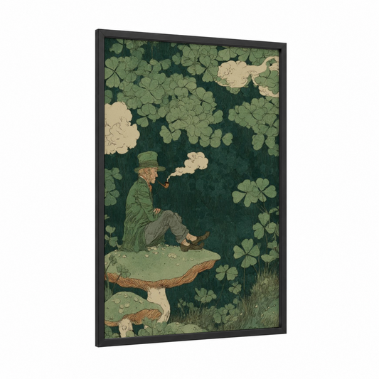 Leprechaun's Lucky Respite framed st. patrick's day print — black wood frame — dark green and cream palette