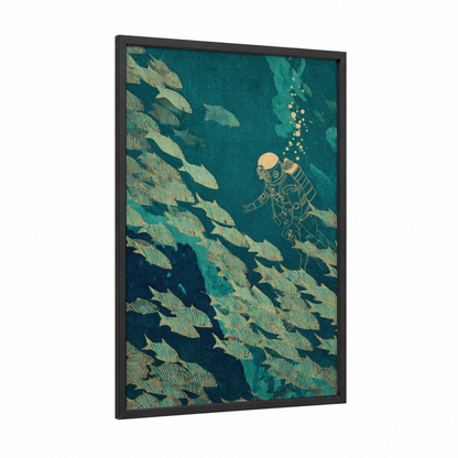 Deep Sea Diver framed diving print — black wood frame — teal and gold palette