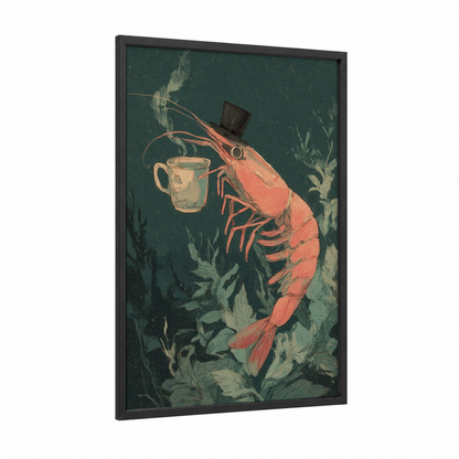 Dapper Shrimp framed art print — black wood frame — teal and salmon pink palette