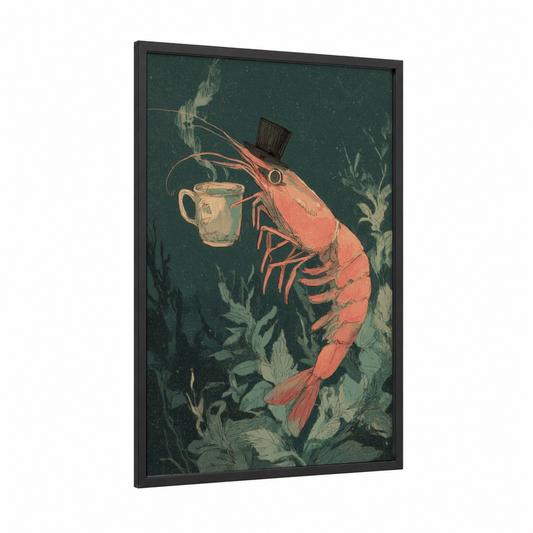 Dapper Shrimp framed art print — black wood frame — teal and salmon pink palette
