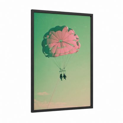 Pink Parasail Adventure framed parasailing print — black wood frame — pink and sage green palette