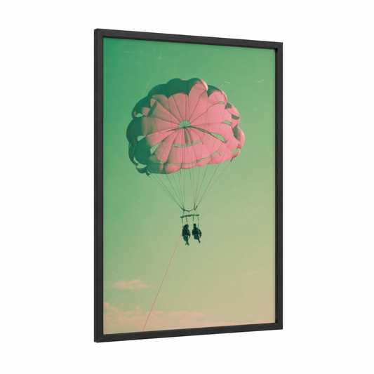 Pink Parasail Adventure framed parasailing print — black wood frame — pink and sage green palette