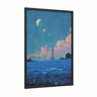 Lunar Rocket framed extraterrestrial print — black wood frame — blue and pink palette