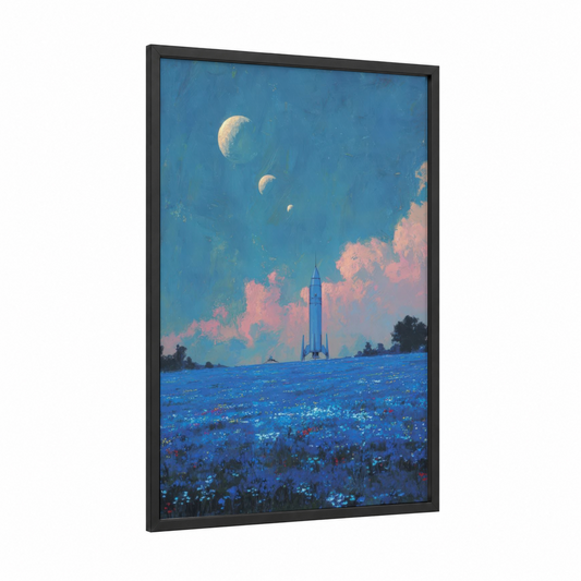 Lunar Rocket framed extraterrestrial print — black wood frame — blue and pink palette