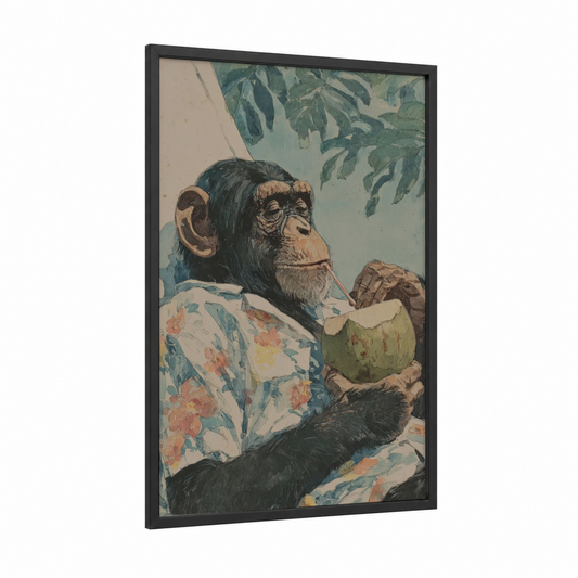 Thoughtful Chimpanzee framed art print — black wood frame — sage green and beige palette