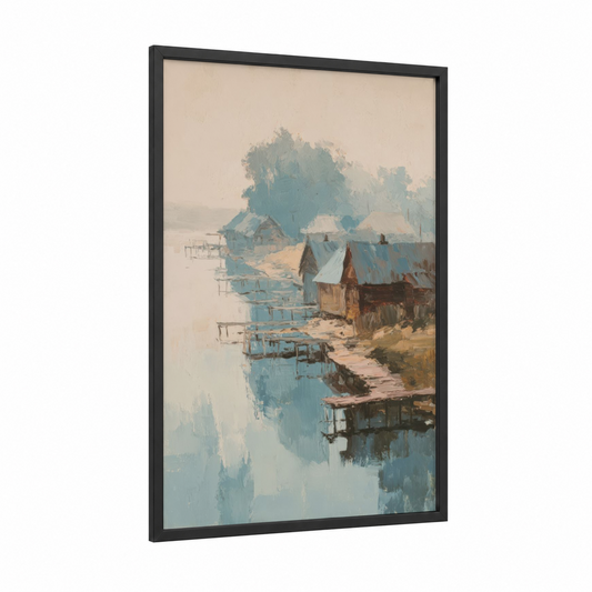 Misty Riverside Village framed art print — black wood frame — blue and beige palette