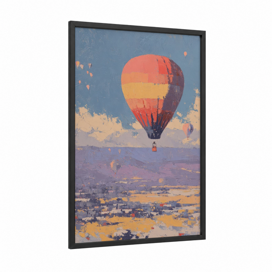 Sunrise Balloons framed hot air baloon print — black wood frame — blue and gold palette