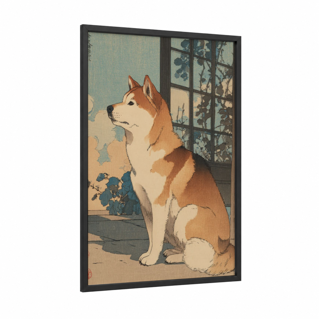 Window Watcher Shiba framed shiba inu print — black wood frame — cream and sage green palette