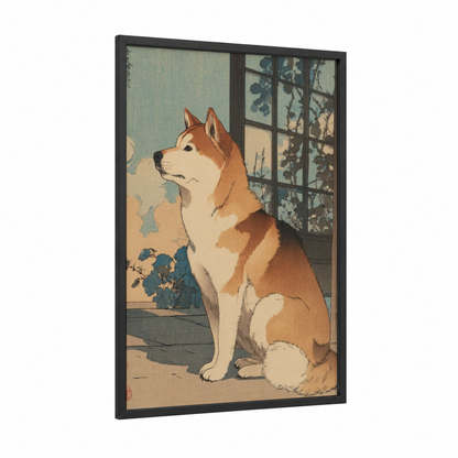Window Watcher Shiba framed shiba inu print — black wood frame — cream and sage green palette