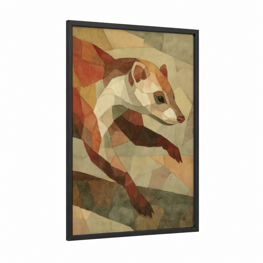 Geometric Weasel framed art print — black wood frame — russet and sage green palette