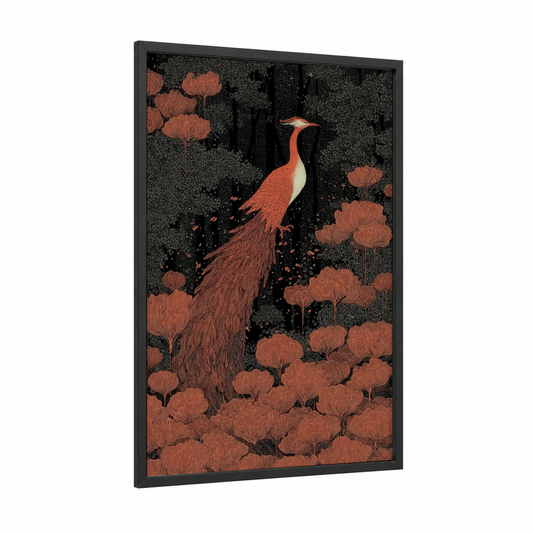 Coral Peacock Dream framed dreamscape print — black wood frame — russet and black palette