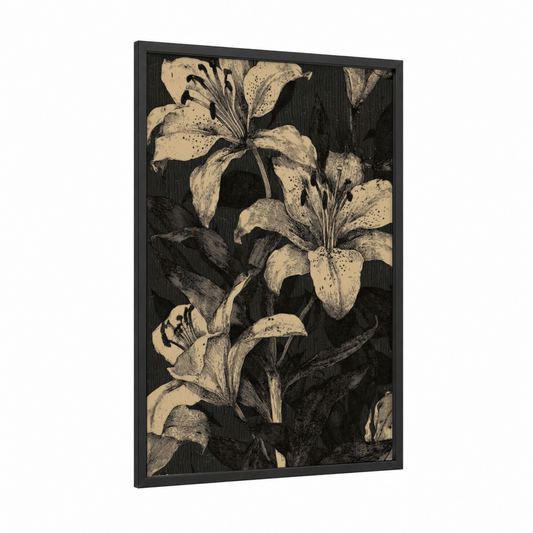 Spotted Lilies framed lily print — black wood frame — black and white and cream palette