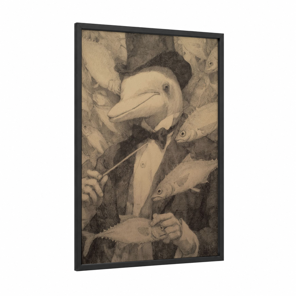 Dapper Dolphin framed dolphins print — black wood frame — cream and black and white palette