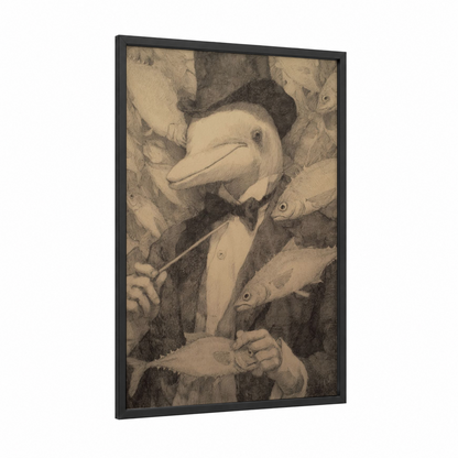 Dapper Dolphin framed dolphins print — black wood frame — cream and black and white palette