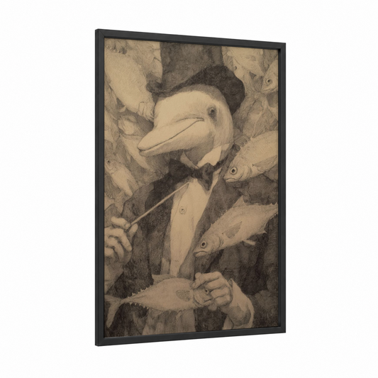 Dapper Dolphin framed dolphins print — black wood frame — cream and black and white palette