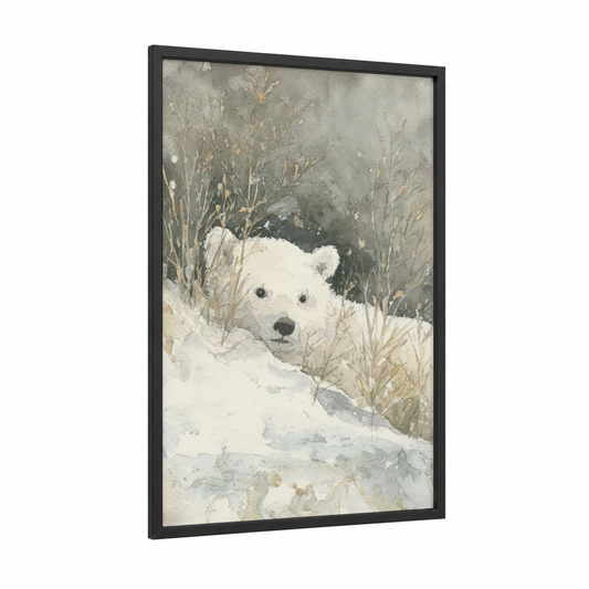 Snowy Polar Bear framed art print — black wood frame — white and gray palette